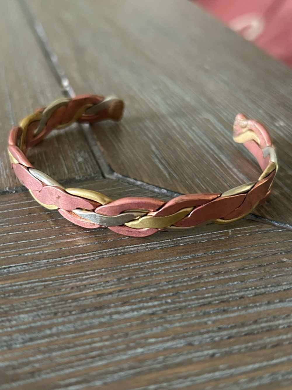 Braided Three Tone Metal Cuff Bracelet - brass, alpaca  & Copper